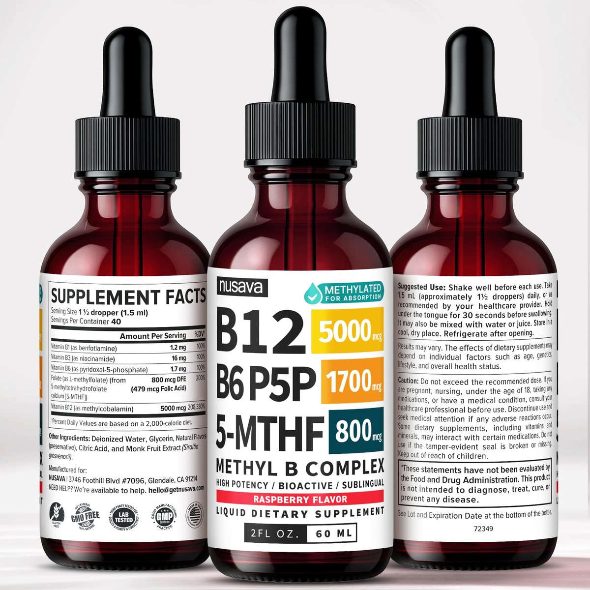 (2-Pack) Methylated B Complex Liquid Drops - Vitamin B Complex with Active L Methylfolate - B12 Sublingual Drops - Vegan B12 Vitamin 5000mcg, Non-GMO, Raspberry Flavor, No Sugar, 2 Fl oz, 80 Servings - görsel 17
