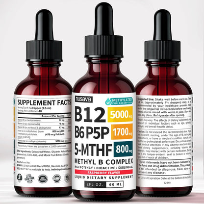 (2-Pack) Methylated B Complex Liquid Drops - Vitamin B Complex with Active L Methylfolate - B12 Sublingual Drops - Vegan B12 Vitamin 5000mcg, Non-GMO, Raspberry Flavor, No Sugar, 2 Fl oz, 80 Servings