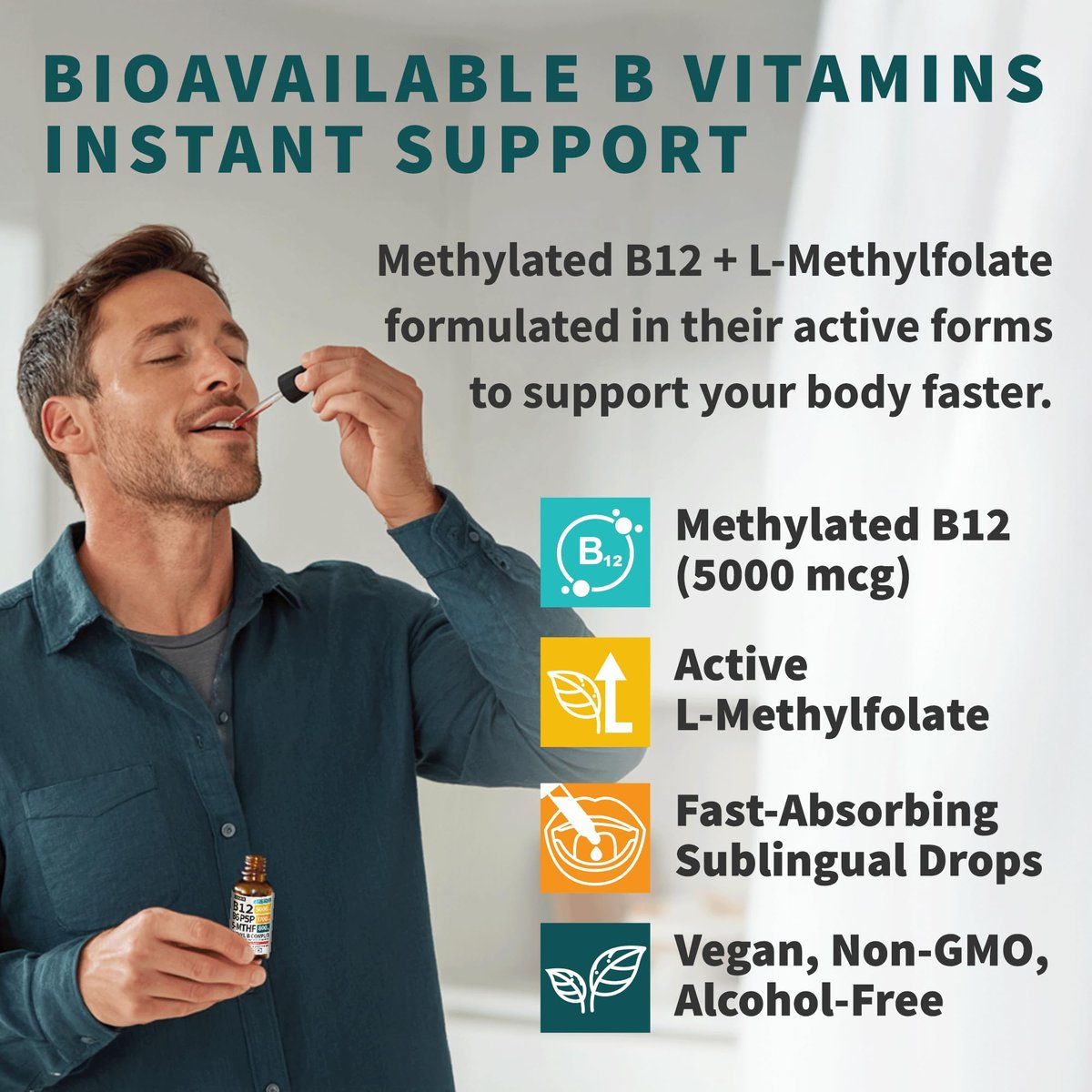 (2-Pack) Methylated B Complex Liquid Drops - Vitamin B Complex with Active L Methylfolate - B12 Sublingual Drops - Vegan B12 Vitamin 5000mcg, Non-GMO, Raspberry Flavor, No Sugar, 2 Fl oz, 80 Servings - görsel 3