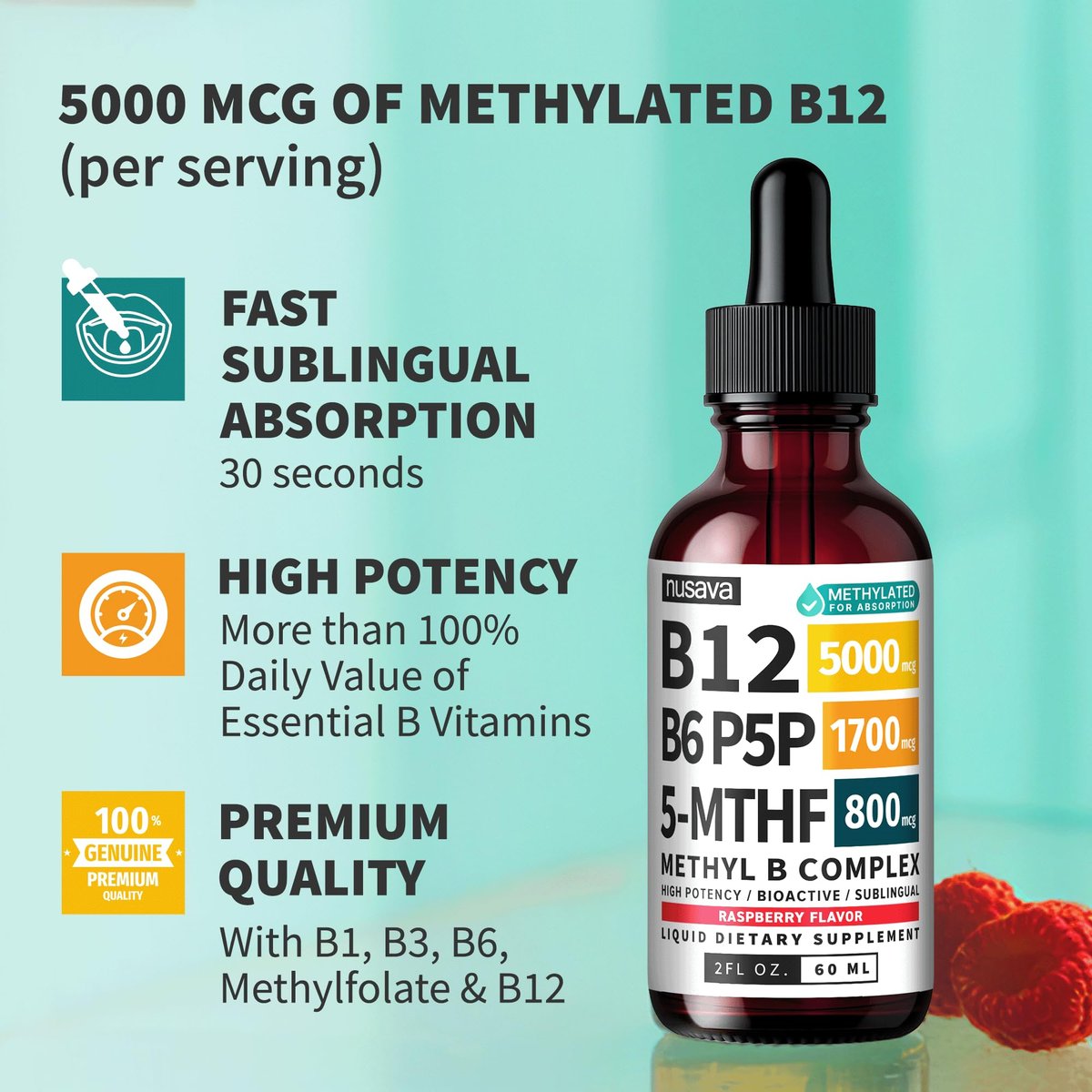 (2-Pack) Methylated B Complex Liquid Drops - Vitamin B Complex with Active L Methylfolate - B12 Sublingual Drops - Vegan B12 Vitamin 5000mcg, Non-GMO, Raspberry Flavor, No Sugar, 2 Fl oz, 80 Servings - görsel 15