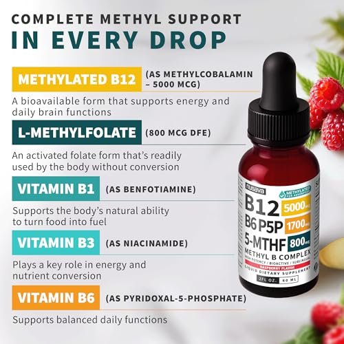 (2-Pack) Methylated B Complex Liquid Drops - Vitamin B Complex with Active L Methylfolate - B12 Sublingual Drops - Vegan B12 Vitamin 5000mcg, Non-GMO, Raspberry Flavor, No Sugar, 2 Fl oz, 80 Servings - görsel 6