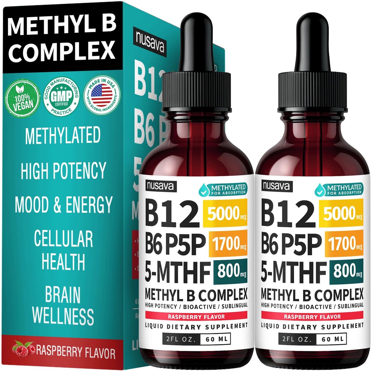 (2-Pack) Methylated B Complex Liquid Drops - Vitamin B Complex with Active L Methylfolate - B12 Sublingual Drops - Vegan B12 Vitamin 5000mcg, Non-GMO, Raspberry Flavor, No Sugar, 2 Fl oz, 80 Servings - görsel 1