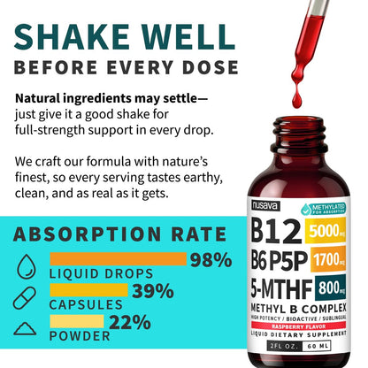 (2-Pack) Methylated B Complex Liquid Drops - Vitamin B Complex with Active L Methylfolate - B12 Sublingual Drops - Vegan B12 Vitamin 5000mcg, Non-GMO, Raspberry Flavor, No Sugar, 2 Fl oz, 80 Servings