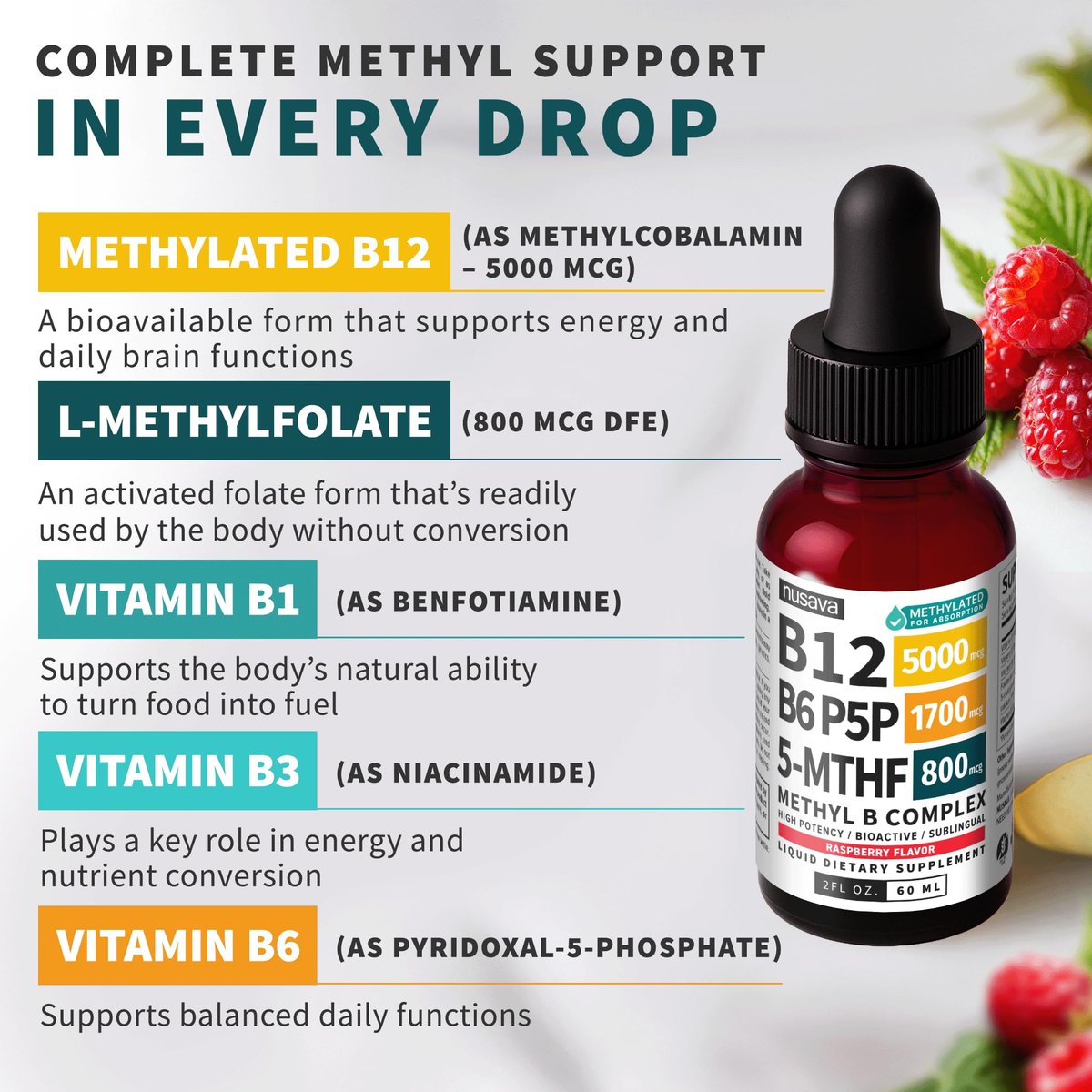 (2-Pack) Methylated B Complex Liquid Drops - Vitamin B Complex with Active L Methylfolate - B12 Sublingual Drops - Vegan B12 Vitamin 5000mcg, Non-GMO, Raspberry Flavor, No Sugar, 2 Fl oz, 80 Servings - görsel 5