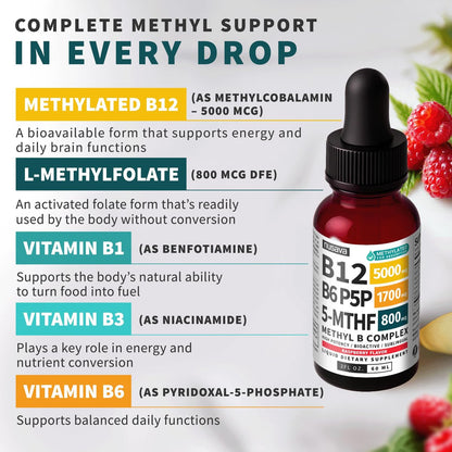 (2-Pack) Methylated B Complex Liquid Drops - Vitamin B Complex with Active L Methylfolate - B12 Sublingual Drops - Vegan B12 Vitamin 5000mcg, Non-GMO, Raspberry Flavor, No Sugar, 2 Fl oz, 80 Servings