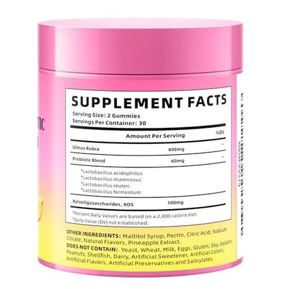 YXSW Women's Probiotics Slippery Elm Gummies, Sugar-Free Feminine Probiotics Gummies Support pH Balance, Gut Health & Immune System, Pineapple Flavor, 60 Count