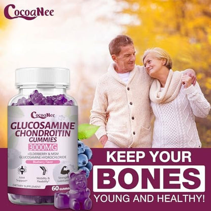CocoaNee 2 Packs 3000MG Glucosamine Chondroitin Gummies, Extra Strength Joint Support Supplement with MSM & Elderberry, Flexibility, Antioxidant Immune Support Gummy for Adults, Men & Women 120Cts