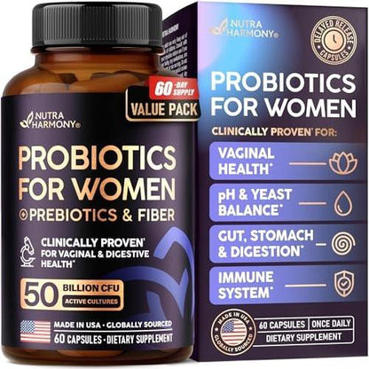 Probiotics for Women 50 Billion CFU - Vaginal Probiotics Clinically Proven for Yeast & pH Balance - Digestion & Bloating Relief - 8 Strains + Prebiotics - Delay Release - Lab Tested, 60 Capsules