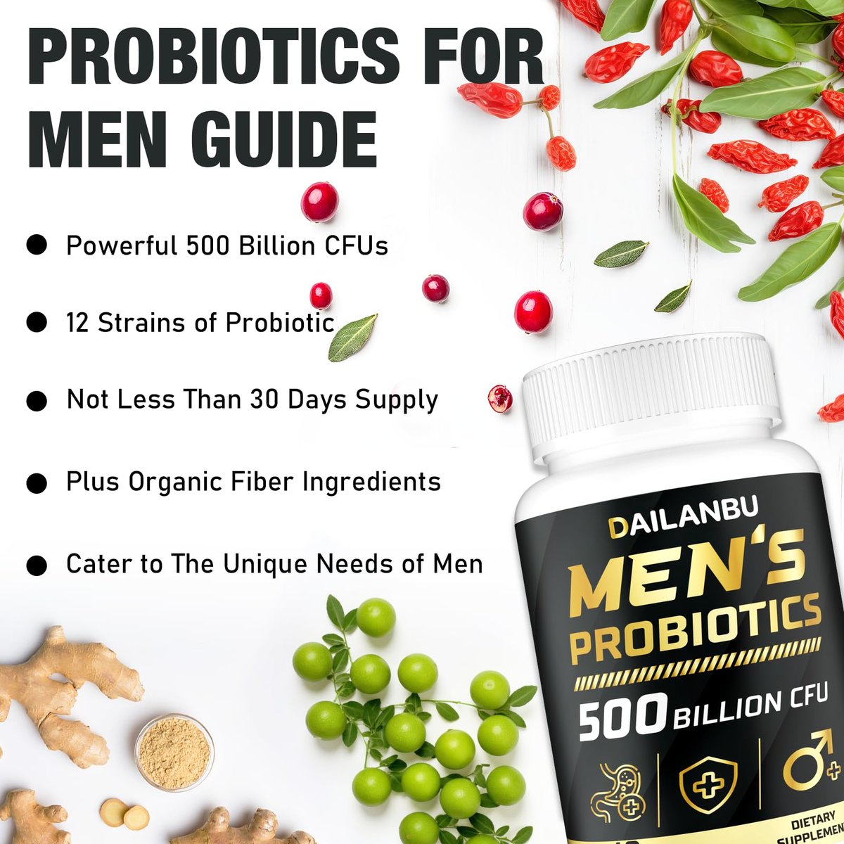 Probiotics for Men 500 Billion CFU, 16 IN 1 Advanced Mens Probiotics for Digestive Health, Immune & Metabolism, Prostate & Urinary, Gut Health - Men's Probiotic with Turmeric, Cranberry, Goji, 60 Caps - görsel 5