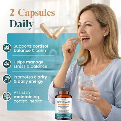 OmniCalm Cortisol Supplements for Women & Men | Cortisol Reducer & Manager with Sensoril Ashwagandha, Suntheanine L-Theanine, Magnesium Glycinate | Physician-Formulated 14-in-1 Stress Relief - USA