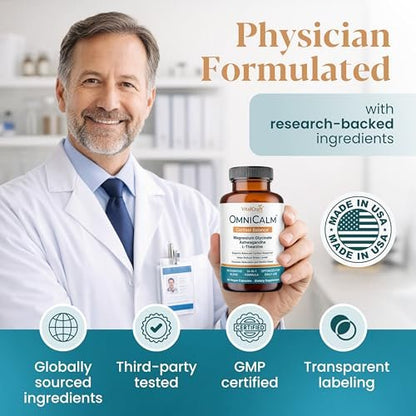 OmniCalm Cortisol Supplements for Women & Men | Cortisol Reducer & Manager with Sensoril Ashwagandha, Suntheanine L-Theanine, Magnesium Glycinate | Physician-Formulated 14-in-1 Stress Relief - USA