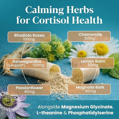 OmniCalm Cortisol Supplements for Women & Men | Cortisol Reducer & Manager with Sensoril Ashwagandha, Suntheanine L-Theanine, Magnesium Glycinate | Physician-Formulated 14-in-1 Stress Relief - USA