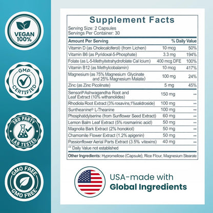 OmniCalm Cortisol Supplements for Women & Men | Cortisol Reducer & Manager with Sensoril Ashwagandha, Suntheanine L-Theanine, Magnesium Glycinate | Physician-Formulated 14-in-1 Stress Relief - USA