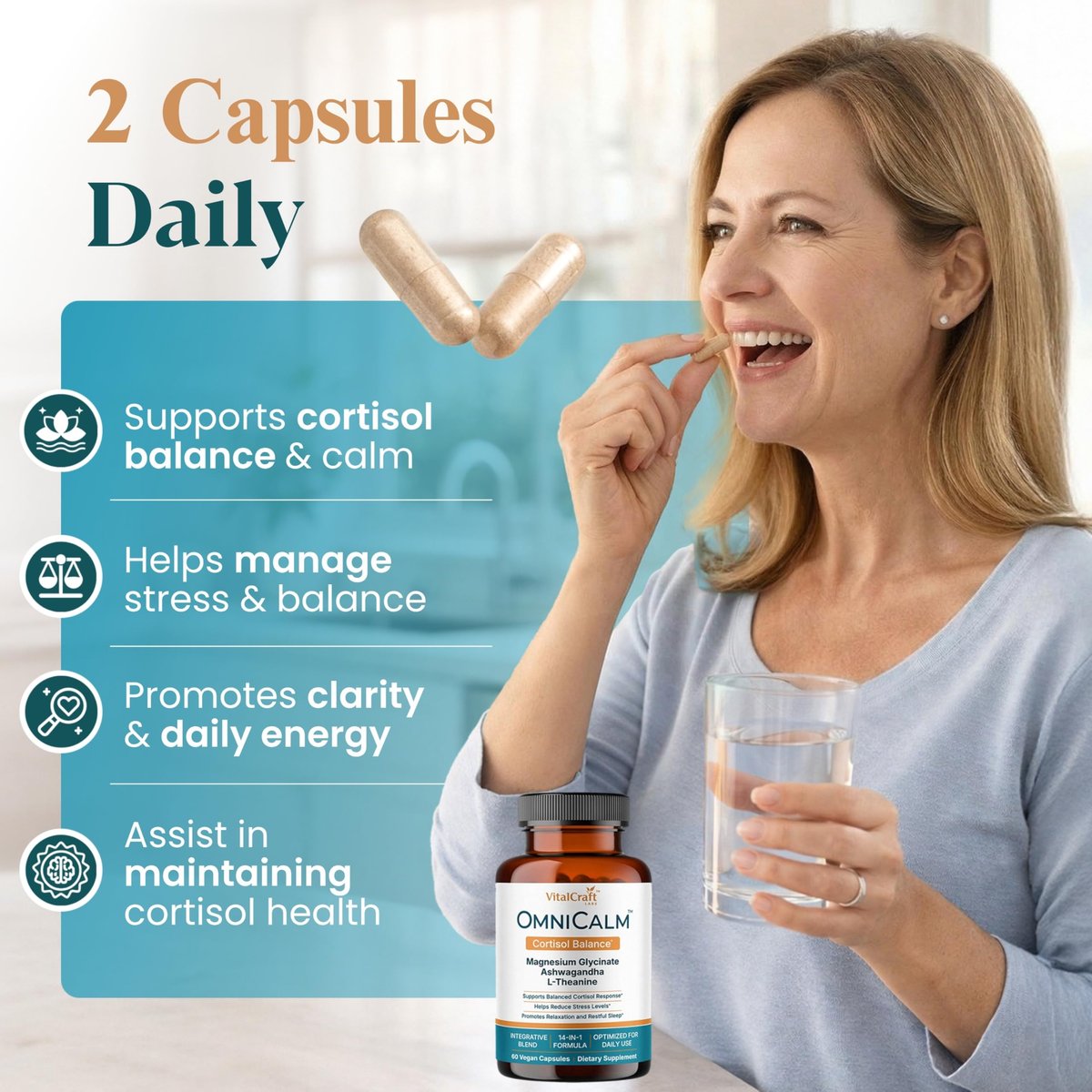 OmniCalm Cortisol Supplements for Women & Men | Cortisol Reducer & Manager with Sensoril Ashwagandha, Suntheanine L-Theanine, Magnesium Glycinate | Physician-Formulated 14-in-1 Stress Relief - USA - görsel 13
