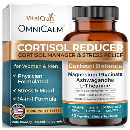 OmniCalm Cortisol Supplements for Women & Men | Cortisol Reducer & Manager with Sensoril Ashwagandha, Suntheanine L-Theanine, Magnesium Glycinate | Physician-Formulated 14-in-1 Stress Relief - USA