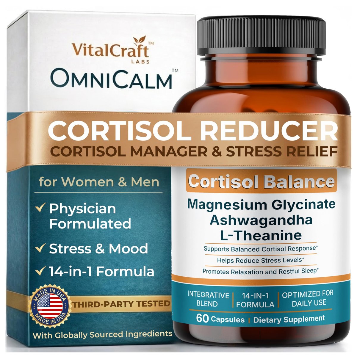 OmniCalm Cortisol Supplements for Women & Men | Cortisol Reducer & Manager with Sensoril Ashwagandha, Suntheanine L-Theanine, Magnesium Glycinate | Physician-Formulated 14-in-1 Stress Relief - USA - görsel 1