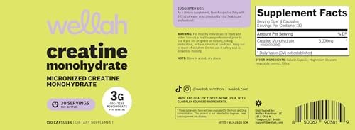 Wellah Creatine Monohydrate Capsules (3000 mg) 120 Capsules - Micronized Creatine, 30 Servings - görsel 1