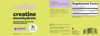 Wellah Creatine Monohydrate Capsules (3000 mg) 120 Capsules - Micronized Creatine, 30 Servings