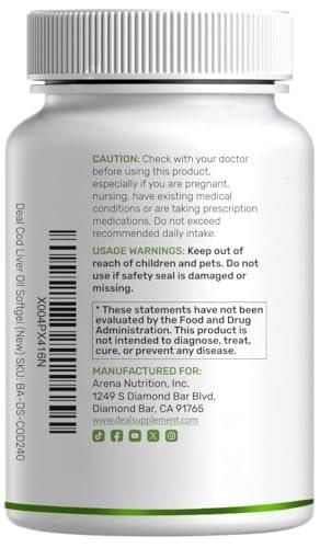 Wild Caught Cod Liver Oil 2,000mg Per Serving, 240 Softgels – Extra Strength EPA DHA Omega 3 with Vitamin D & A – Burpless, Lemon Flavored – Vision, Heart, Brain, & Immune Support