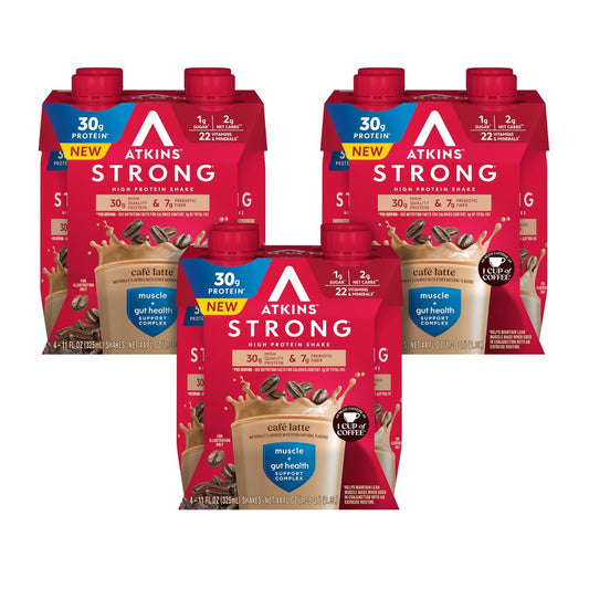 Atkins Strong High Protein Shake, Café Latte Flavored, 30g Protein, 7g Prebiotic Fiber, 1g Sugar, Muscle and Gut Health Support, GLP-1 Support, Low Carb and Low Sugar Coffee Protein Shake, Keto Friendly, 12 Count