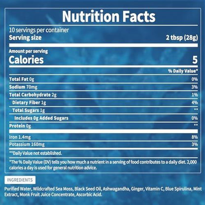 Fleamart Sea Moss Gel Blue Spirulina Irish Seamoss Gel with Black Seed Oil, Ashwagandha, Ginger and Vitamin C, Vegan Superfood Vitamins Mineral Support, Made in USA, Gluten Free, Non-GMO