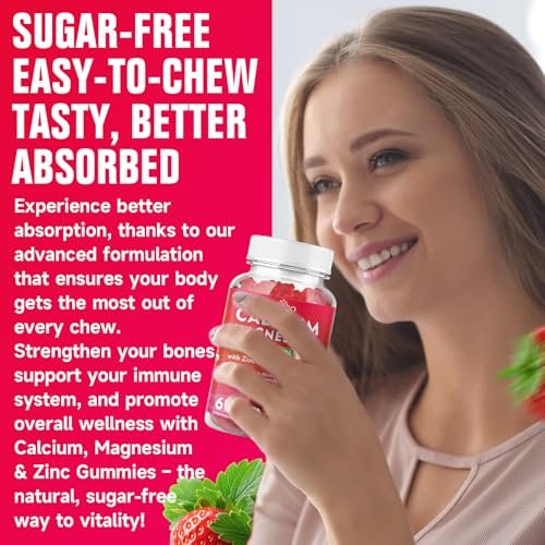 Calcium Gummies 1000mg with Vitamin D3 K2 & B Complex, Potassium, Calcium Magnesium Zinc Gummies for Bone, Muscle, Mood and Immunity - Vegan, Non-GMO, Strawberry Flavor 120 Count - görsel 3