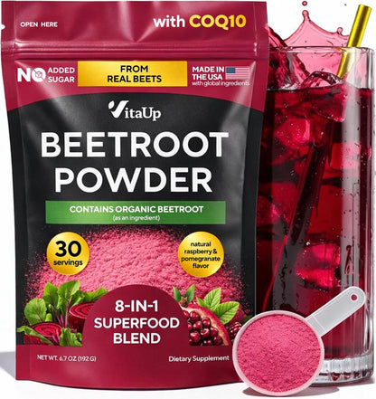 VitaUp Beet Root Powder 8 in 1 – USA Made Beets Powder Supplements with Grape Seed, Hawthorn, Coq10 – with Organic Beetroot for Normal Circulation & Energy Support – 30 Serving