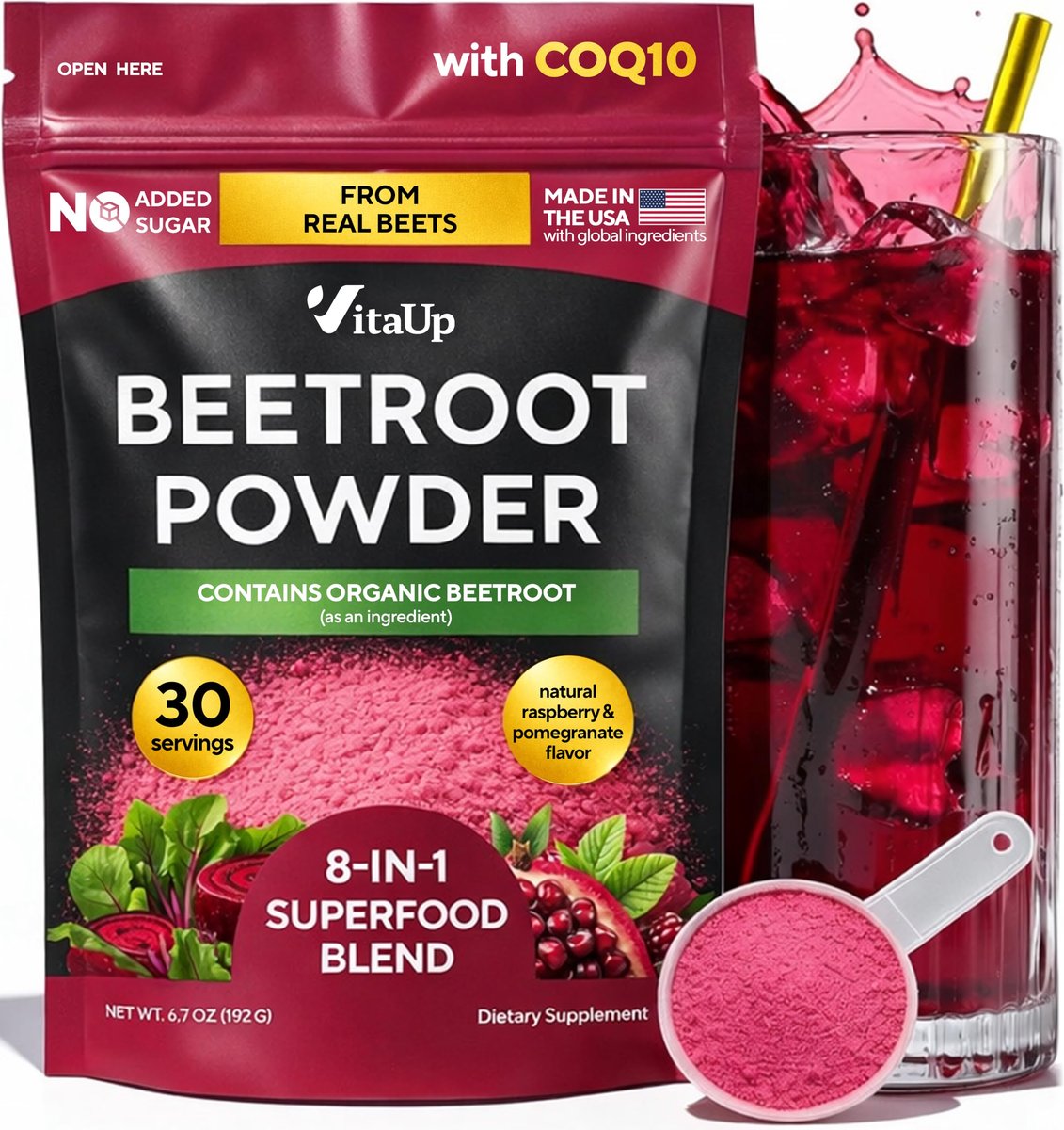 VitaUp Beet Root Powder 8 in 1 – USA Made Beets Powder Supplements with Grape Seed, Hawthorn, Coq10 – with Organic Beetroot for Normal Circulation & Energy Support – 30 Serving - görsel 7