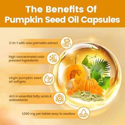 VivoNu Pumpkin Seed Oil with Saw Palmetto Capsules | Cold Pressed, Pure Virgin Oil, Essential Fatty Acids & Phytosterols | 300 Softgels Supports Hair, Urinary, Bladder & Prostate Health | Non-GMO
