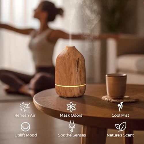Essential Oil Diffuser, 100ml Aromatherapy Diffuser, Mini Ultrasonic Diffuser for Essential Oil, Home, Office, Cool Mist Humidifier with 7 Led Light, Auto Shut-Off, Wood Grain - görsel 1