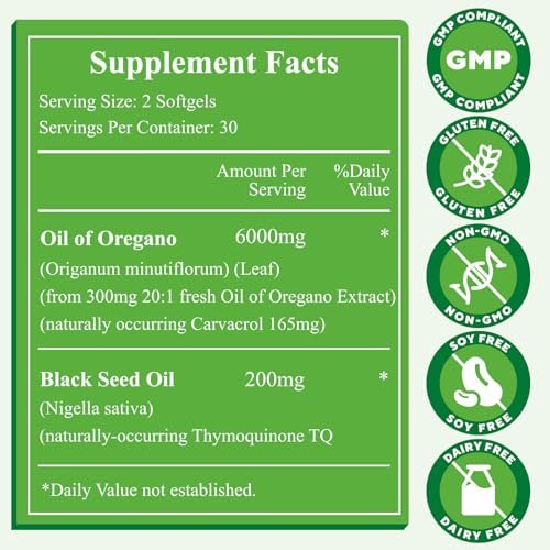 Oil of Oregano with Black Seed Oil, 6000mg Oregano Oil Capsules Organic with Carvacrol & Thymoquinone, 2 in 1 Supplement for Immune Health, Non-GMO, Easy to Swallow, 2 Bottle, Total 120 Softgels - görsel 2