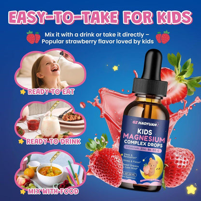 Kids Magnesium Liquid Drops - Magnesium Glycinate Drops for Kids, Citrate Liquid with Calcium, Omega-3, L-theanine, Zinc, Vitamin B6 D3 C for Sleep, Relaxation, Calm & Focus, Strawberry Flavor, 2 Fl Oz