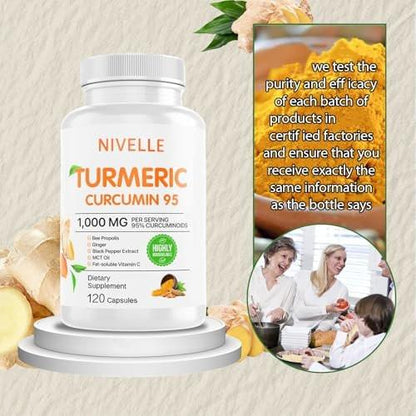 NIVELLE Turmeric Curcumin | Pure Turmeric Curcumin Supplement 1000mg | 95% Curcuminoids with Bee Propolis, Ginger, MCT Oil, Fat Soluble Vitamin C, & Black Pepper | 120 Capsules