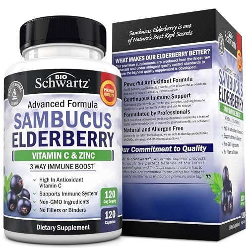BioSchwartz Elderberry Capsules with Zinc and Vitamin C for Adults - Immune Support Vitamins for Women and Men - Black Sambucus Elderberry Vitamin C and Zinc - Multiminerals Supplement, 120 Count - görsel 14