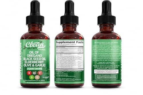 Clean Nutra Oil of Oregano Drops Black Seed Oil Elderberry Vitamin D D3 K2 Olive Garlic Immune Support Supplement Zinc Supplements Liquid 2 Fl Oz Vegan - görsel 9