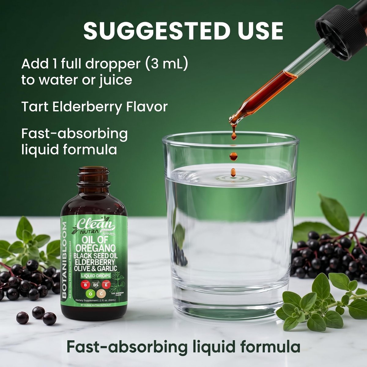 Clean Nutra Oil of Oregano Drops Black Seed Oil Elderberry Vitamin D D3 K2 Olive Garlic Immune Support Supplement Zinc Supplements Liquid 2 Fl Oz Vegan - görsel 12