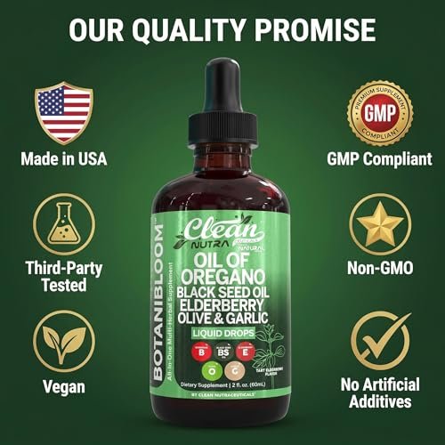 Clean Nutra Oil of Oregano Drops Black Seed Oil Elderberry Vitamin D D3 K2 Olive Garlic Immune Support Supplement Zinc Supplements Liquid 2 Fl Oz Vegan - görsel 15