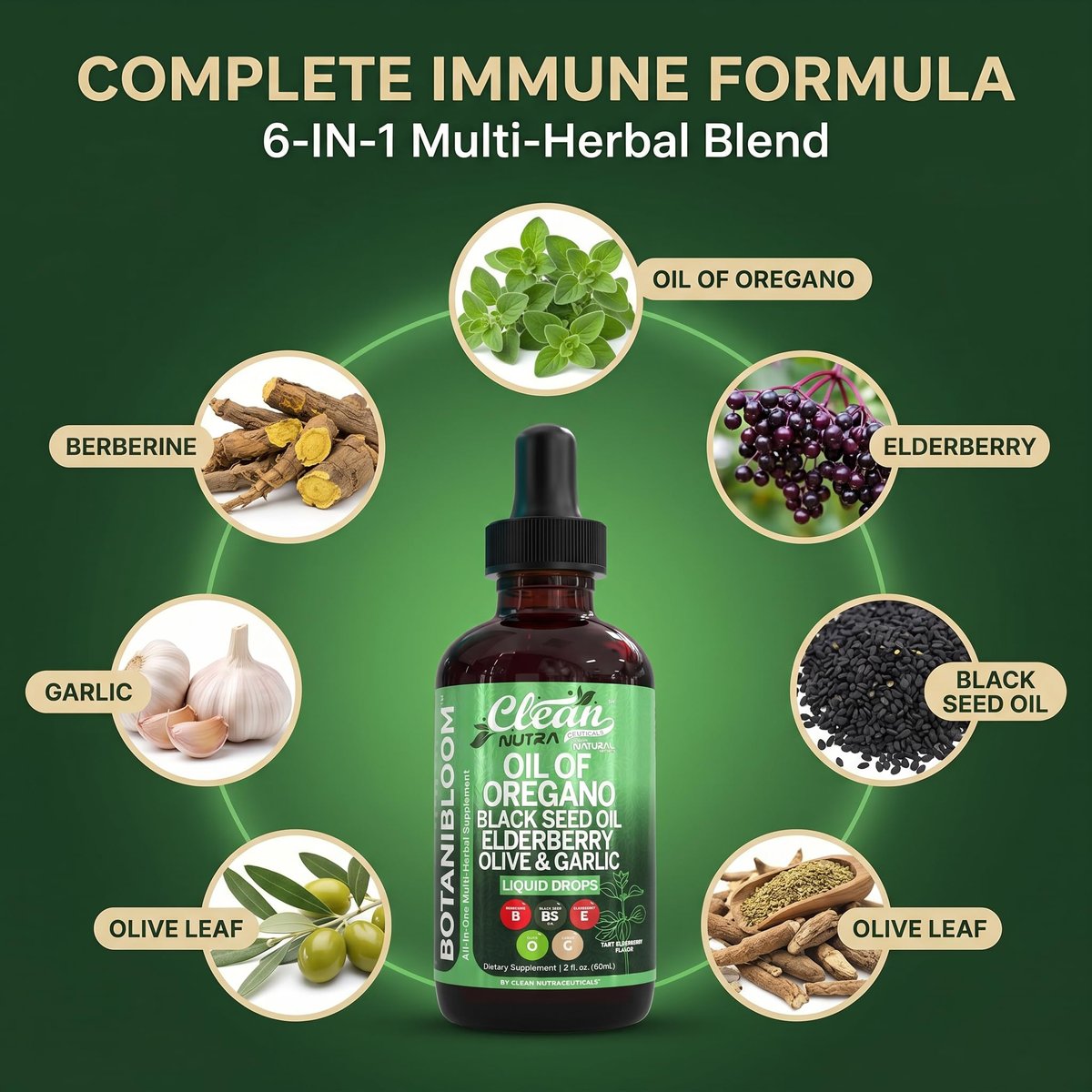 Clean Nutra Oil of Oregano Drops Black Seed Oil Elderberry Vitamin D D3 K2 Olive Garlic Immune Support Supplement Zinc Supplements Liquid 2 Fl Oz Vegan - görsel 8
