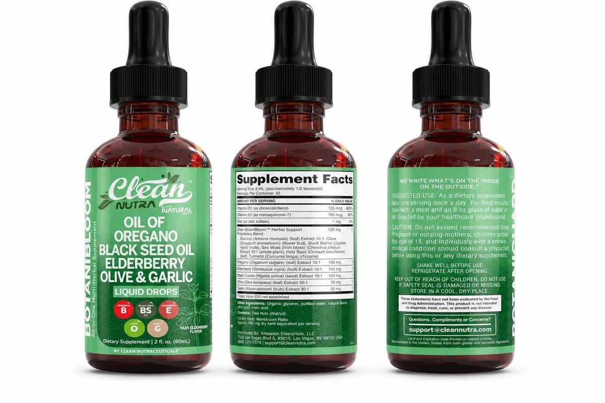 Clean Nutra Oil of Oregano Drops Black Seed Oil Elderberry Vitamin D D3 K2 Olive Garlic Immune Support Supplement Zinc Supplements Liquid 2 Fl Oz Vegan - görsel 10