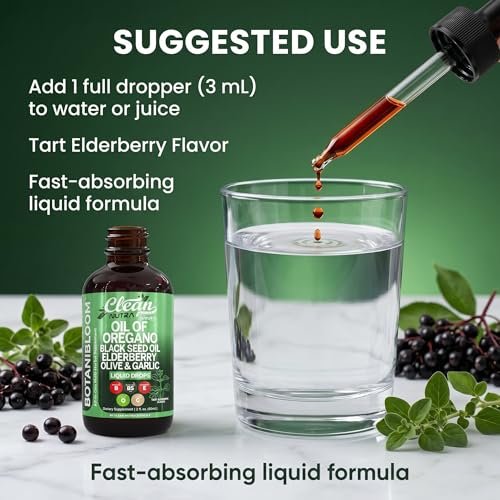 Clean Nutra Oil of Oregano Drops Black Seed Oil Elderberry Vitamin D D3 K2 Olive Garlic Immune Support Supplement Zinc Supplements Liquid 2 Fl Oz Vegan - görsel 11