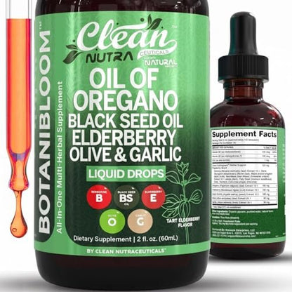 Clean Nutra Oil of Oregano Drops Black Seed Oil Elderberry Vitamin D D3 K2 Olive Garlic Immune Support Supplement Zinc Supplements Liquid 2 Fl Oz Vegan