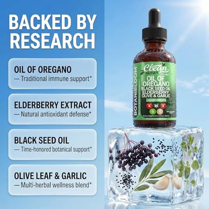 Clean Nutra Oil of Oregano Drops Black Seed Oil Elderberry Vitamin D D3 K2 Olive Garlic Immune Support Supplement Zinc Supplements Liquid 2 Fl Oz Vegan