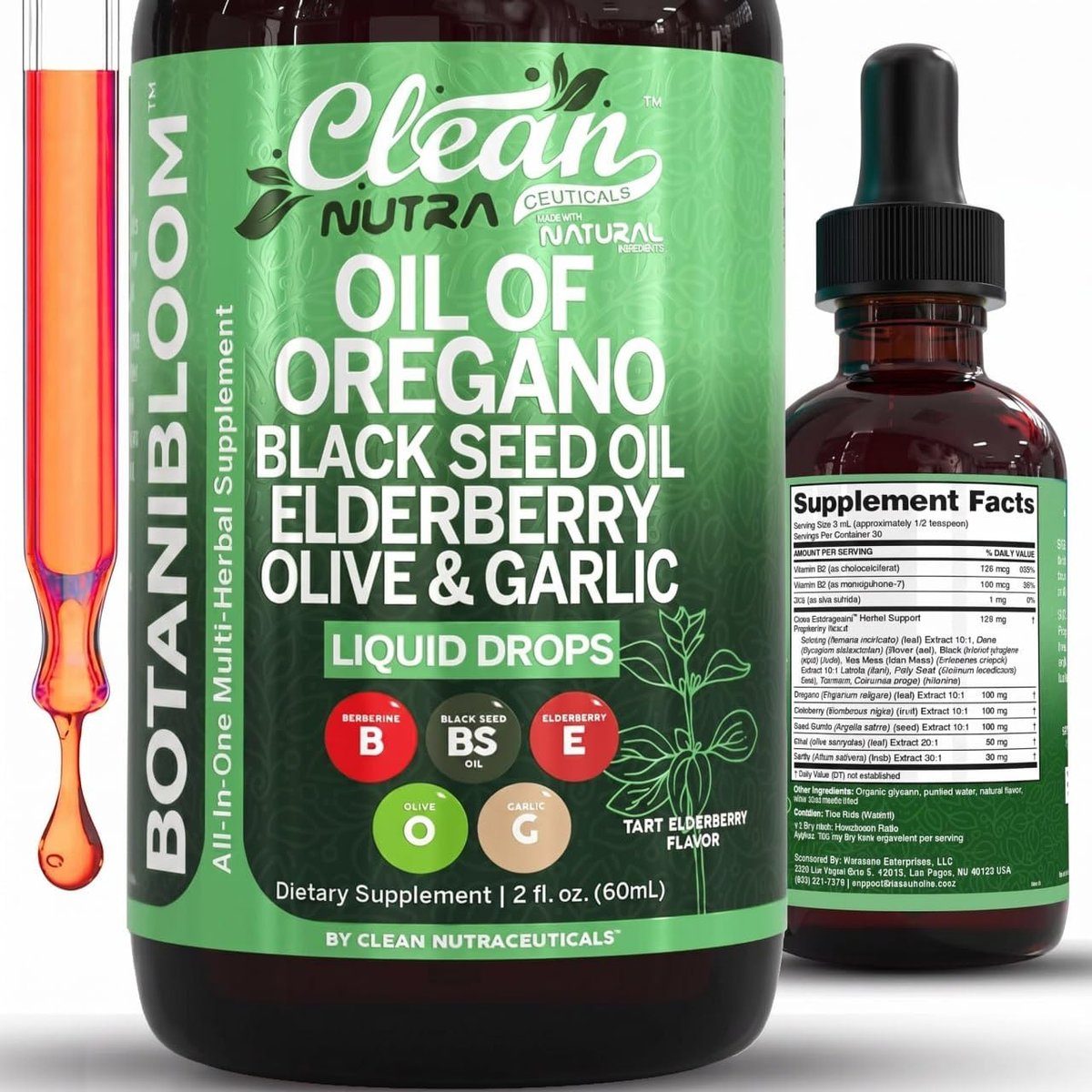 Clean Nutra Oil of Oregano Drops Black Seed Oil Elderberry Vitamin D D3 K2 Olive Garlic Immune Support Supplement Zinc Supplements Liquid 2 Fl Oz Vegan - görsel 2
