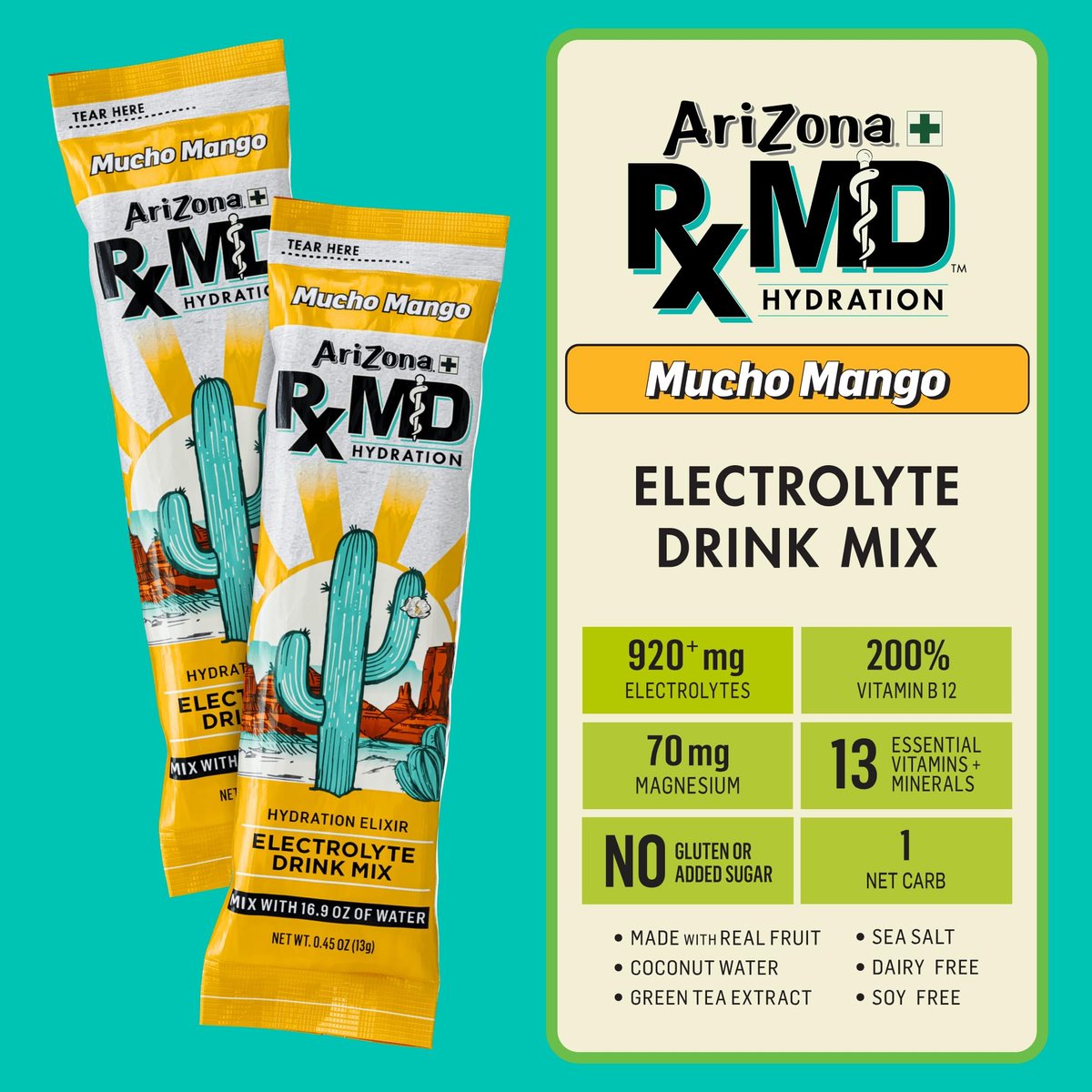 Arizona Rx MD Hydration Mucho Mango - Drink Mix - 920mg of Electrolytes - 0.45 oz Powder Sticks (Pack of 6) - görsel 4