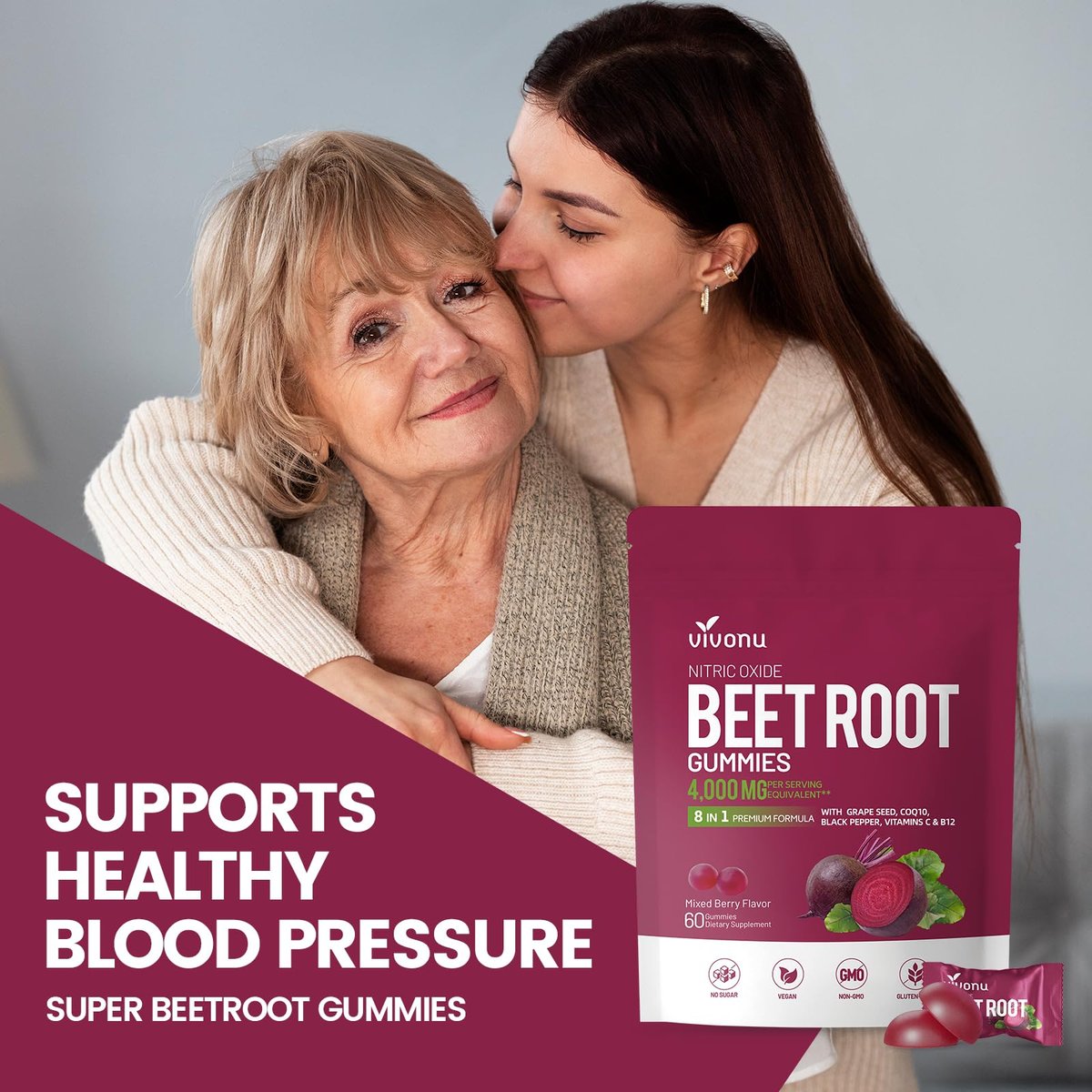 VivoNu Beet Root Gummies 8-in-1 Premium Energy Supplement with CoQ10, Beetroot Extract, Grape Seed Extract, Black Pepper Extract, Vitamins C & B12, L-Arginine & L-Citrulline - görsel 14