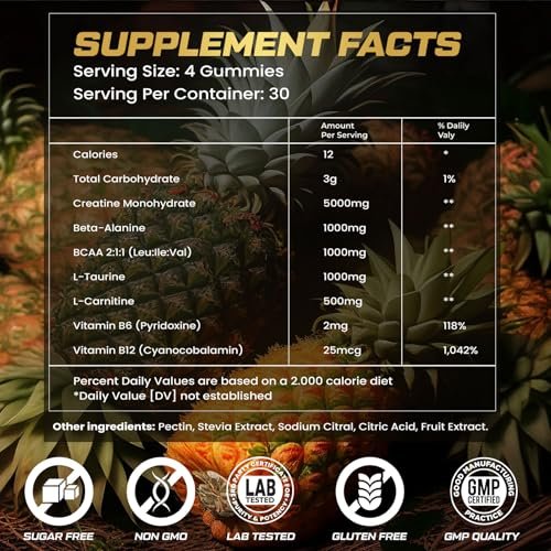 ZyterX Creatine Monohydrate Gummies for Men & Women, 9000MG Creatine Gummies Sugar Free with L-Taurine, BCAA 2:1, B12 B6 for Boost Strength, Focus & Endurance, Vegan, Non-GMO, Pineapple 120pcs - görsel 2
