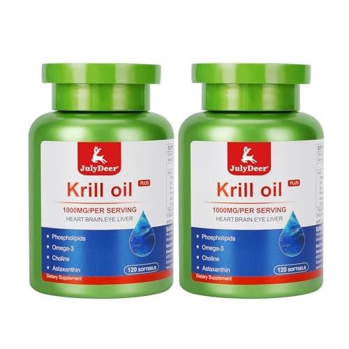 JulyDeer Krill Oil 1000 mg 240 Softgels with Omega-3s EPA, DHA, Astaxanthin and Phospholipids Supplement, Antarctic Krill No Fishy Aftertaste for Joint, Heart, Brain and Immunity - 2 Bottles - görsel 2