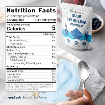 Biofunctionals Blue Spirulina Powder 1 oz – Natural Blue Food Coloring, Phycocyanin Extract, Vegan Superfood for Smoothies, Baking, Energy Bars