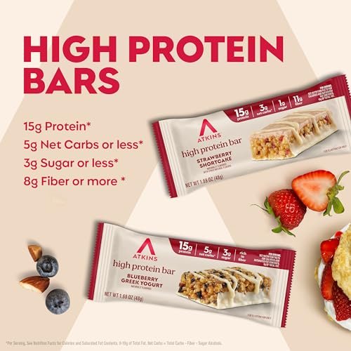 Atkins Blueberry Greek Yogurt & Strawberry Shortcake High Protein Bar, High Fiber, Keto Friendly, 12 Count (6 Bars Each Flavor) - görsel 9