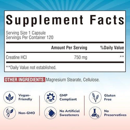 Vitalibre Creatine HCl Capsule, 750mg High Absorption Creatine Hydrochloride, Endurance, Strength, Fast Absorbing, No Load, No Bloat, Monohydrate Micronized Alternative, Once Daily, 120 Capsules